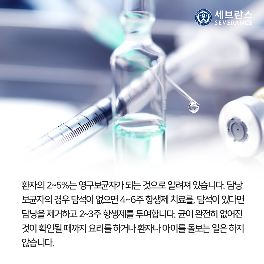 환자의 2~5%는 영구보균자가 되는 것으로 알려져 있습니다. 담낭  보균자의 경우 담석이 없으면 4~6주 항생제 치료를, 담석이 있다면  담낭을 제거하고 2~3주 항생제를 투여합니다. 균이 완전히 없어진  것이 확인될 때까지 요리를 하거나 환자나 아이를 돌보는 일은 하지  않습니다. 